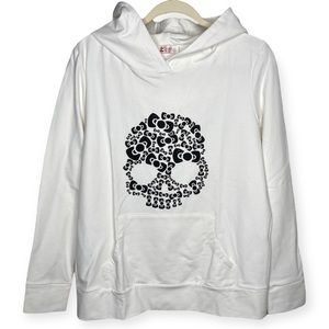 NWOT Kitty Bow Style Skull Print L Pullover Hoodie Cream Kangaroo Pocket